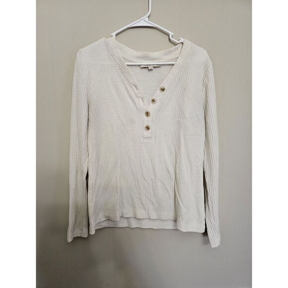 LOFT WOMEN'S SUPER SOFT LONG SLEEVE BRUSHED WAFFLE HENLEY TOP IVORY SIZE Large P - Picture 1 of 5